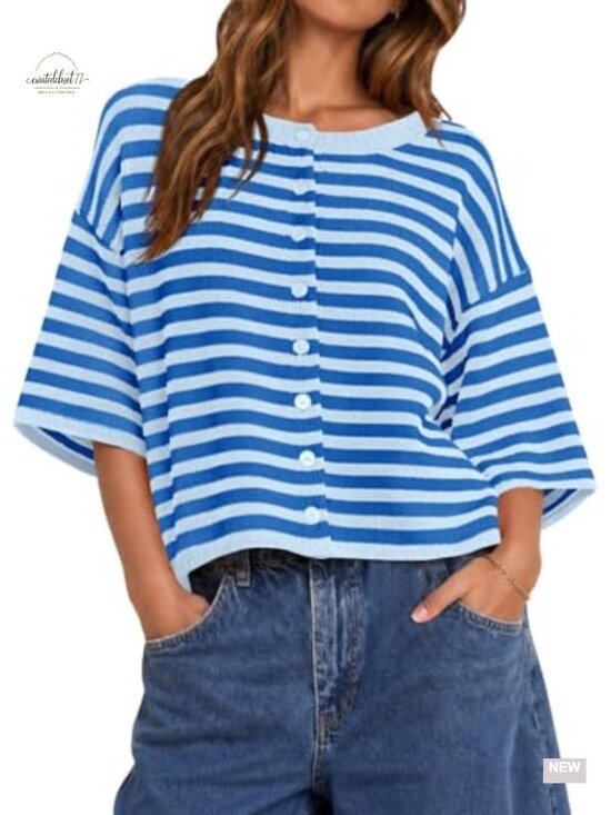 Sweaters - Short Sleeve Cropped Striped Button Down Oversized Lightweight Knit Cardigan